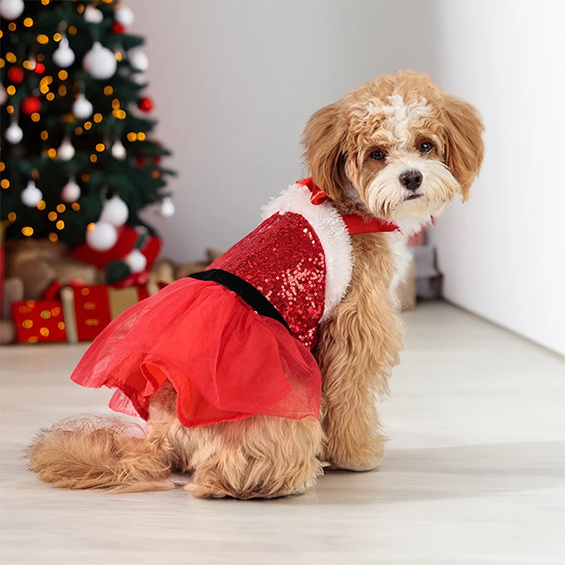 Dog Christmas Costumes Classic Cute Pet Cat Shiny Sequins Dress Cosplay Clothes Outfit for Party Decoration Supplies