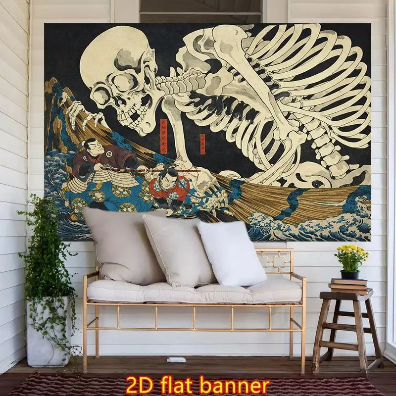 VIKAMA Japanese Ukiyo-e Giant Skeleton Samurai Tapestry Vintage Wave Monster Wall Hanging Asian Art Poster Living Room Decor