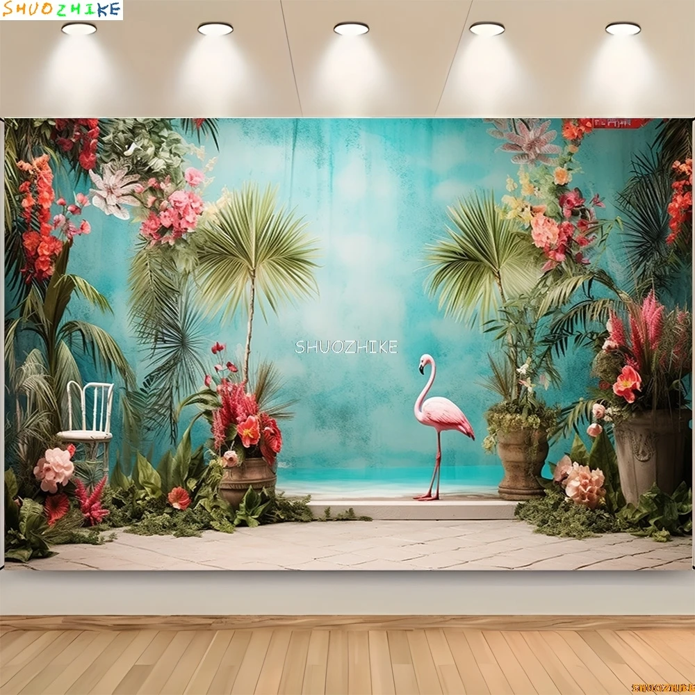 Vacanze tropicali Fenicottero Oceano Paesaggio Fondali Fotografia Prop Palme Spiaggia Turismo Festa di compleanno Sfondo fotografico HN-01