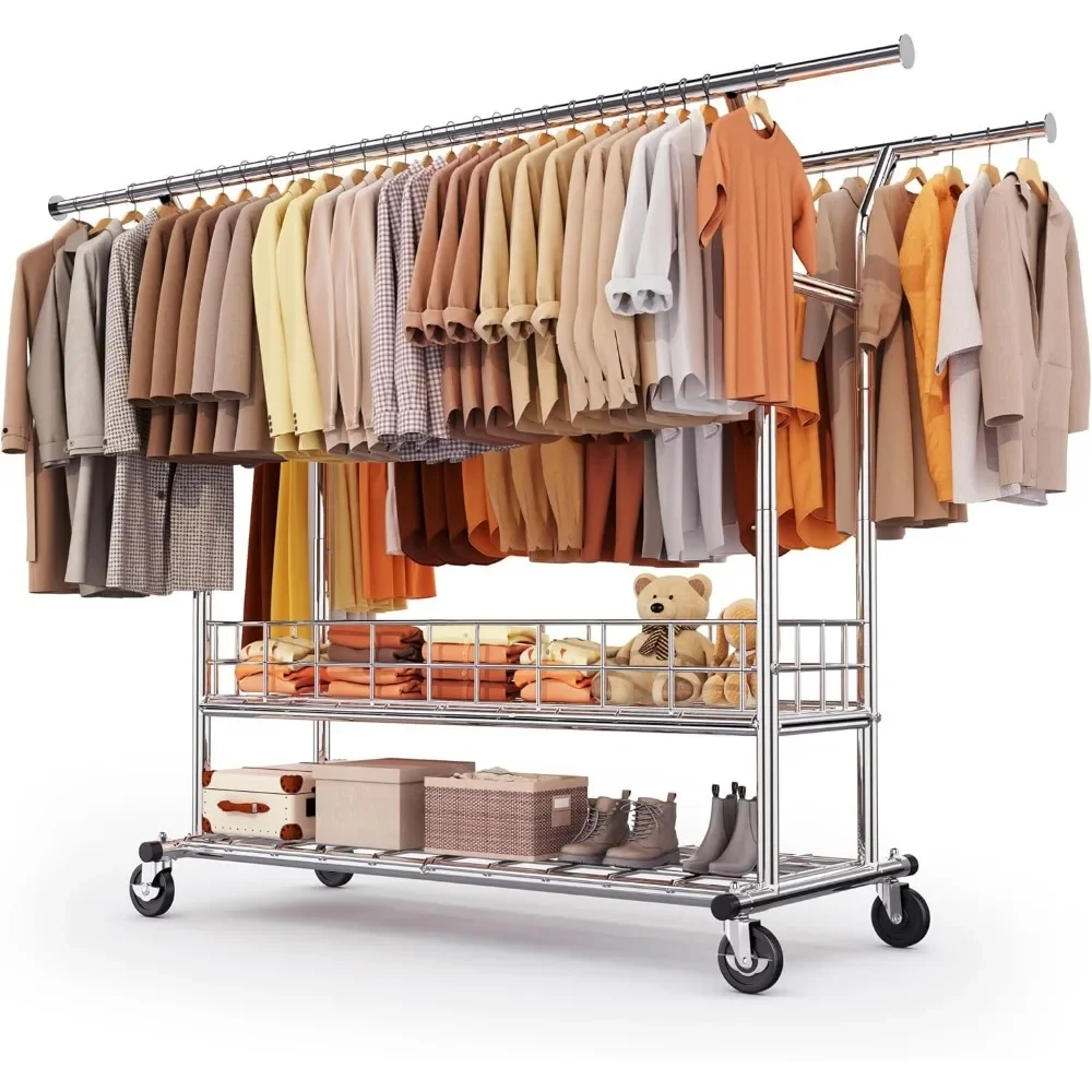 

Сверхмощная вешалка для одежды для подвешивания одежды Регулируемая вешалка для одежды на колесиках для спальни, гостиной (Doub