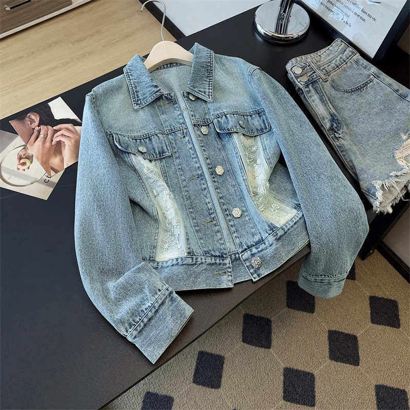 

Fashion Pearl Beaded Lace Patchwork Spring Autumn Women Light Blue Short Denim Jacket Casual Lapel Long Sleeve Cowboy Outerwear