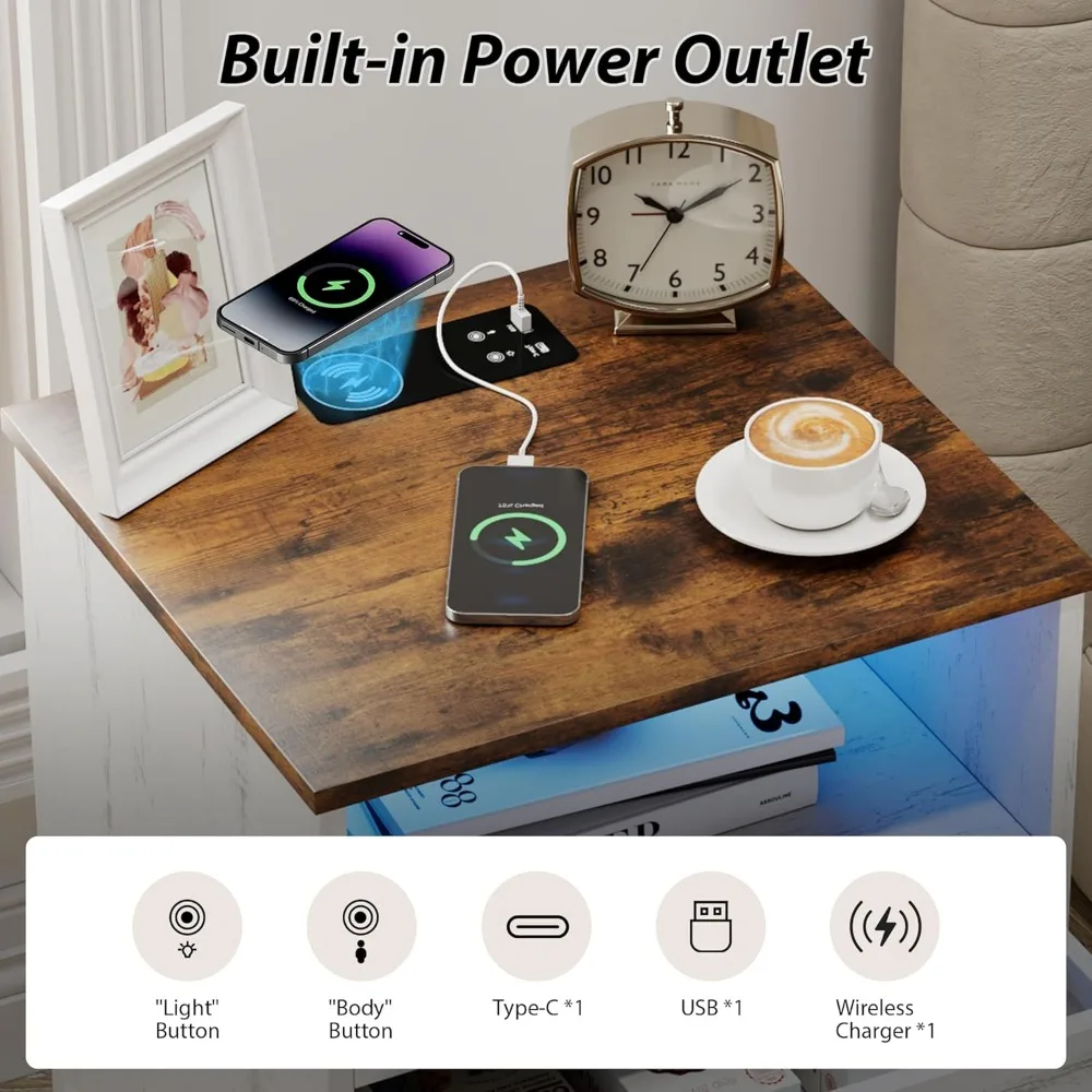 منضدة LED مع قاعدة شحن - طاولة بجانب السرير خشبية ذات درجين للمعيشة المنزلية الذكية