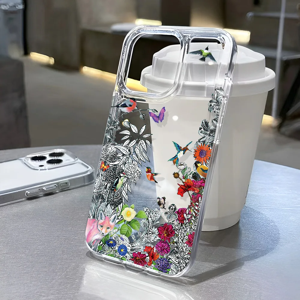Funda Transparente para Teléfono con Estampado Floral de Colibrí y Zorro Salvaje para iPhone 17 16 15 14 13 12 11 Pro Max, Estilo Natural, Cubierta de TPU Transparente