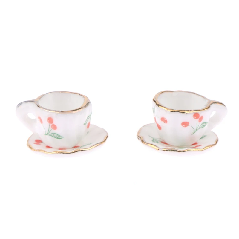 2Sets 1/12 Ceramic Tea Cup Dollhouse Miniature Tableware Cup & Saucer Decoration Kitchen Decoration Doll House Accessories