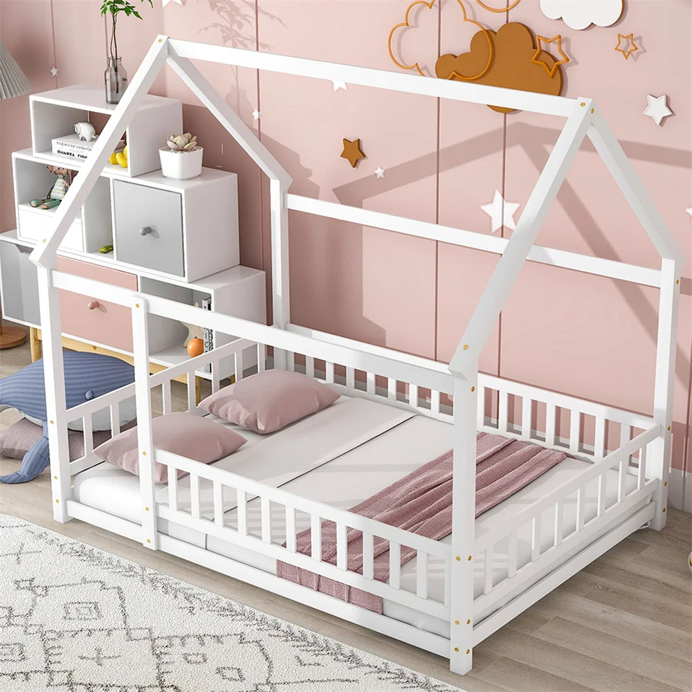 Full Size Bed Frame House Floor Bed with Roof Fence Guardrails Easy Assembly Multifunctional Playhouse Bed for Kids Boys Girls