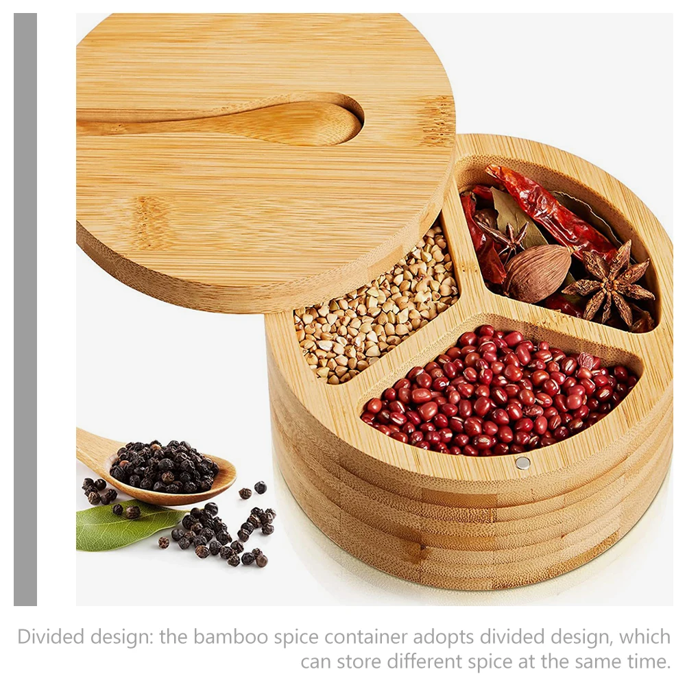 

1Set Bamboo Divided Seasoning Container Multi-Grids Spice Box Salt Sugar Pepper Holder with Spoon for Kitchen Camping Outdoor