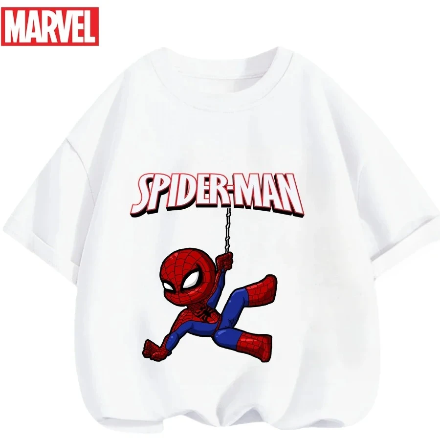 

Летняя детская футболка Marvel из 100% хлопка, мягкая, приятная для кожи, с мультяшным принтом Человека-паука, уличная одежда, подходит для повседневной носки
