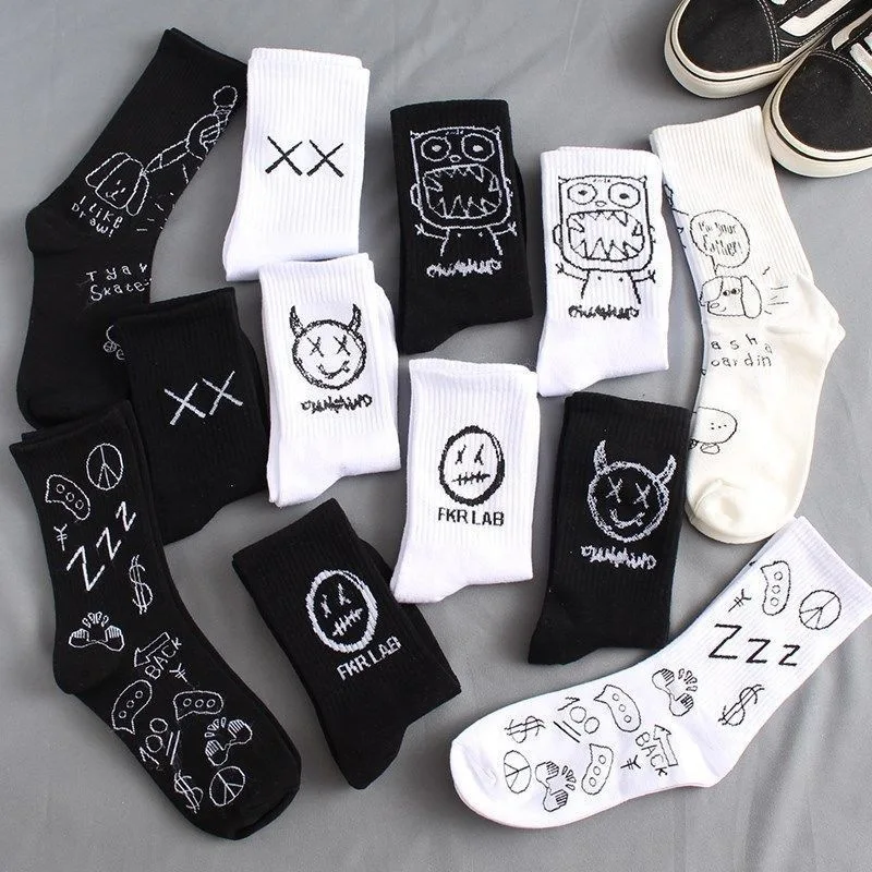 6 Pairs of Men's Black and White Harajuku Style Socks With Quirky Personality Devil Like Cotton Cartoon Print Mid Tube Socks