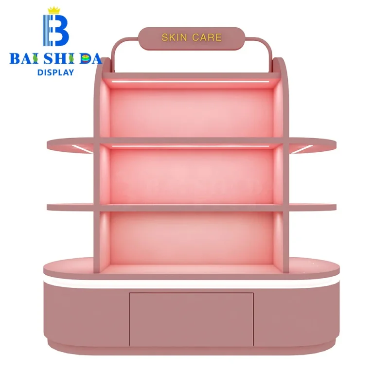 custom.Custom Pink LED Light Multi-Tier Beauty Display Shelf with Drawer Skincare Cosmetic Cabinet Retail Shop