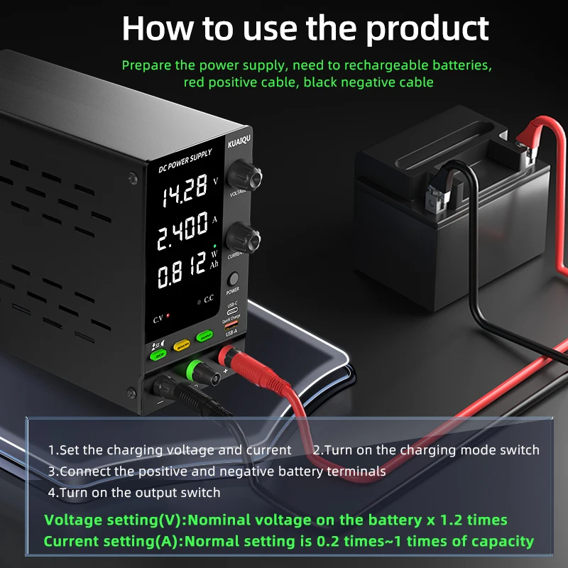 Fonte de alimentação DC ajustável KUAIQU 30V 10A, 12V 24V 48V 60V 120V Carregador de bateria universal inteligente, monitor Ah em tempo real
