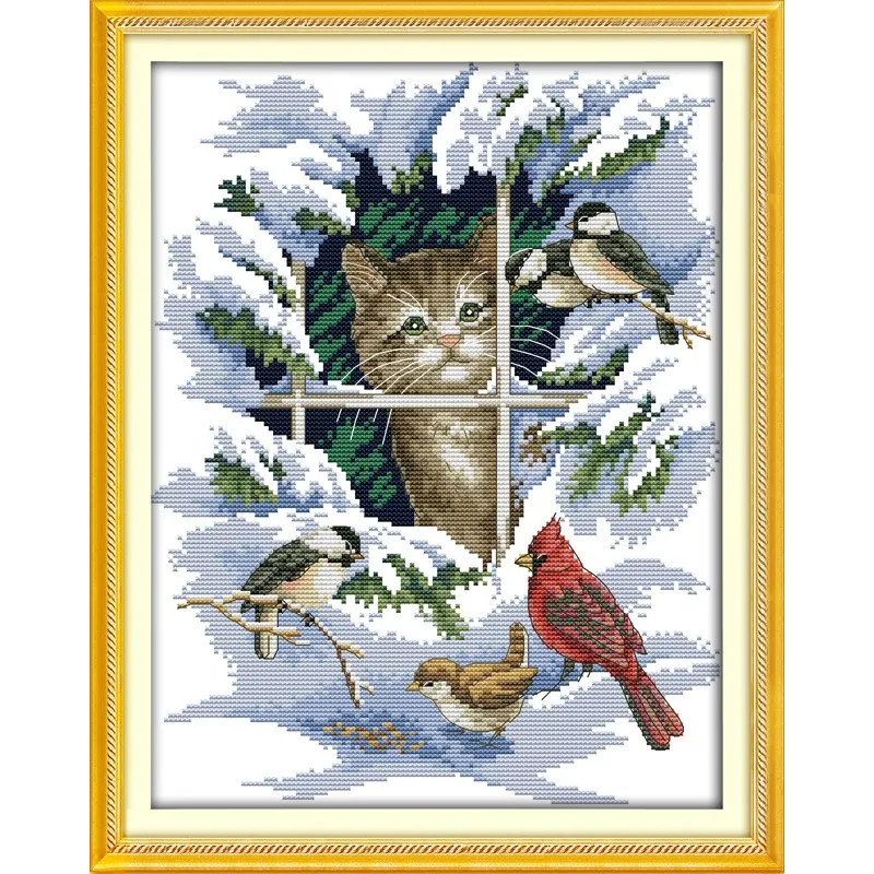 

Joy Sunday Pre-printed Cross Stitch Kit Easy Pattern Aida Stamped Fabric Embroidery Set-Cat and Birds