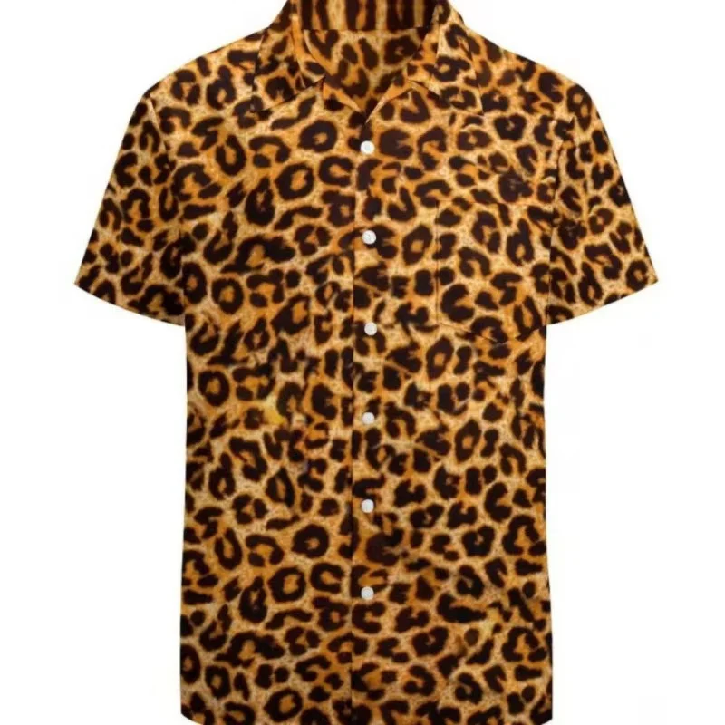 New men's fashionable slim-fit multicolored leopard print graphic shirt, casual and breathable, short-sleeve shirt with collar,