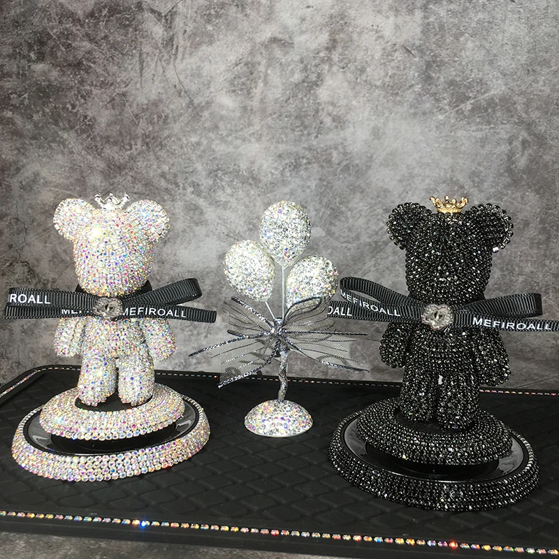 Cute Cartoon Diamond Teddy Bear Car Dashboard Decorations Bowknot Rhinestones Auto Ornament Auto Solid Car Perfume Sticker