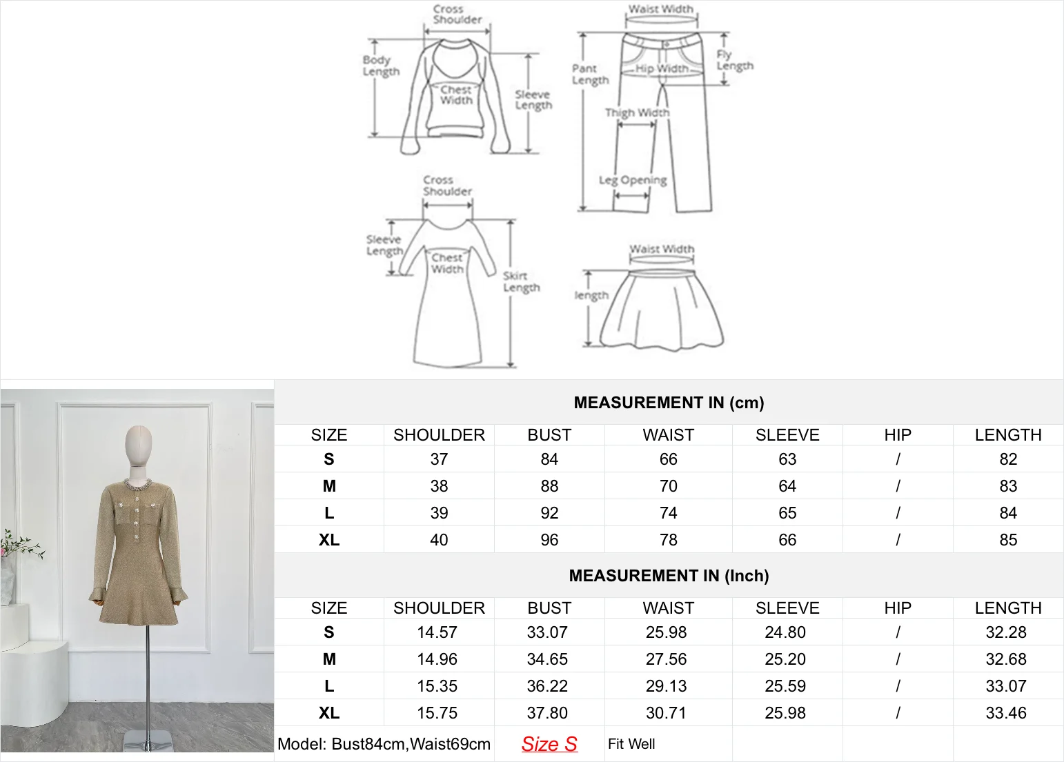 فستان قصير منسوج بأكمام طويلة ذهبي جميل جديد لعام 2025 #4