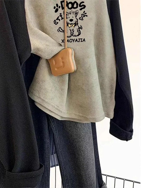 Happy Little Dog Stampa oulder Sve round Ne Felpa da donna Primavera Autunno 2025 Nuovo ular Colore Blo Hatl Lungo...