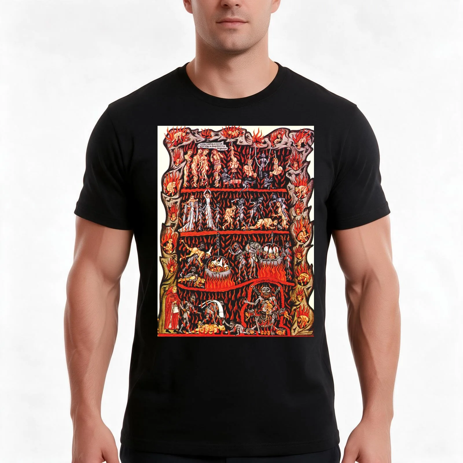 Depiction of Hell from the Hortus Deliciarum T-Shirt Summer Casual Cotton Tee Oversized Streetwear Tops Vintage Graphic Print