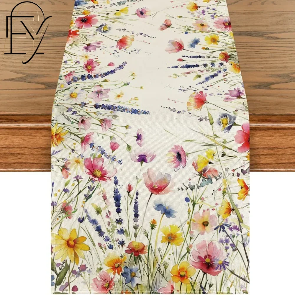 Wildflower Table Runner Floral Meadow Linen Tablecloth Watercolor Lavender Daisy Spring Summer Kitchen Dining Party Decor Scarf