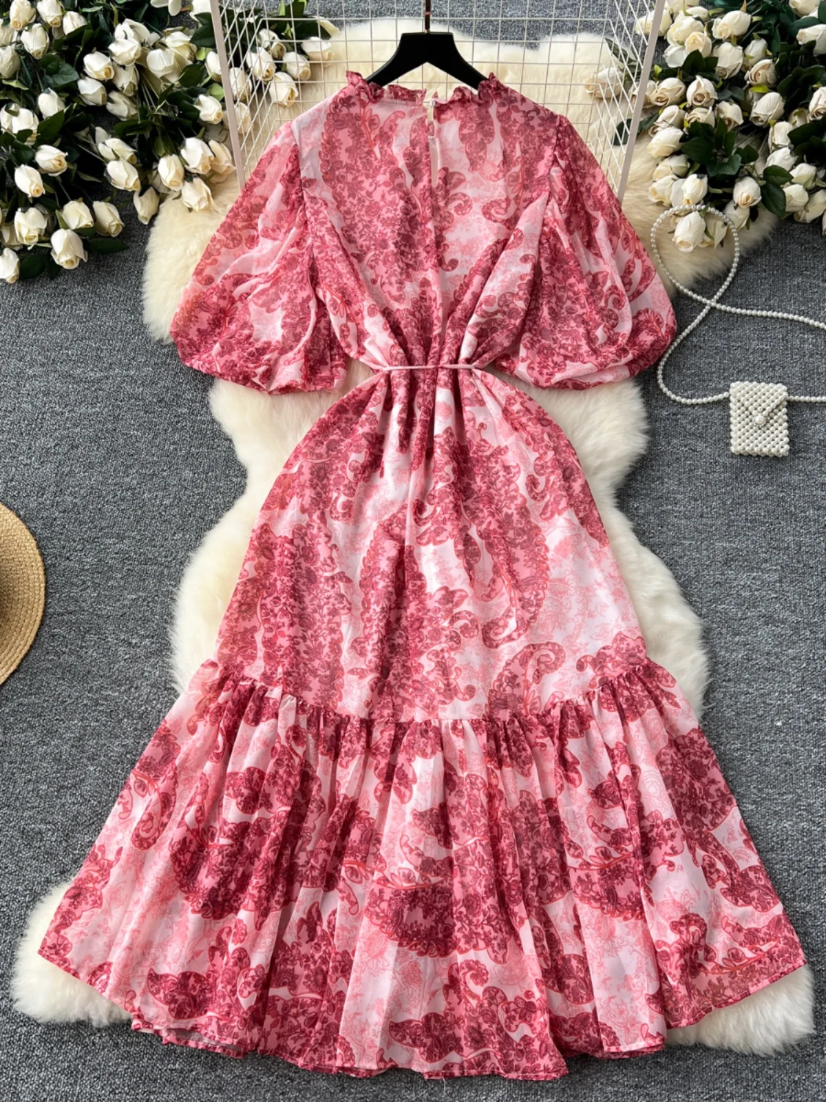 레트로 플로럴 프린트 여성 미디 드레스 라운드 넥 슬림 버블 슬리브 헴드 쉬폰 스커트 하이 웨이스트 A라인 한국 스타일