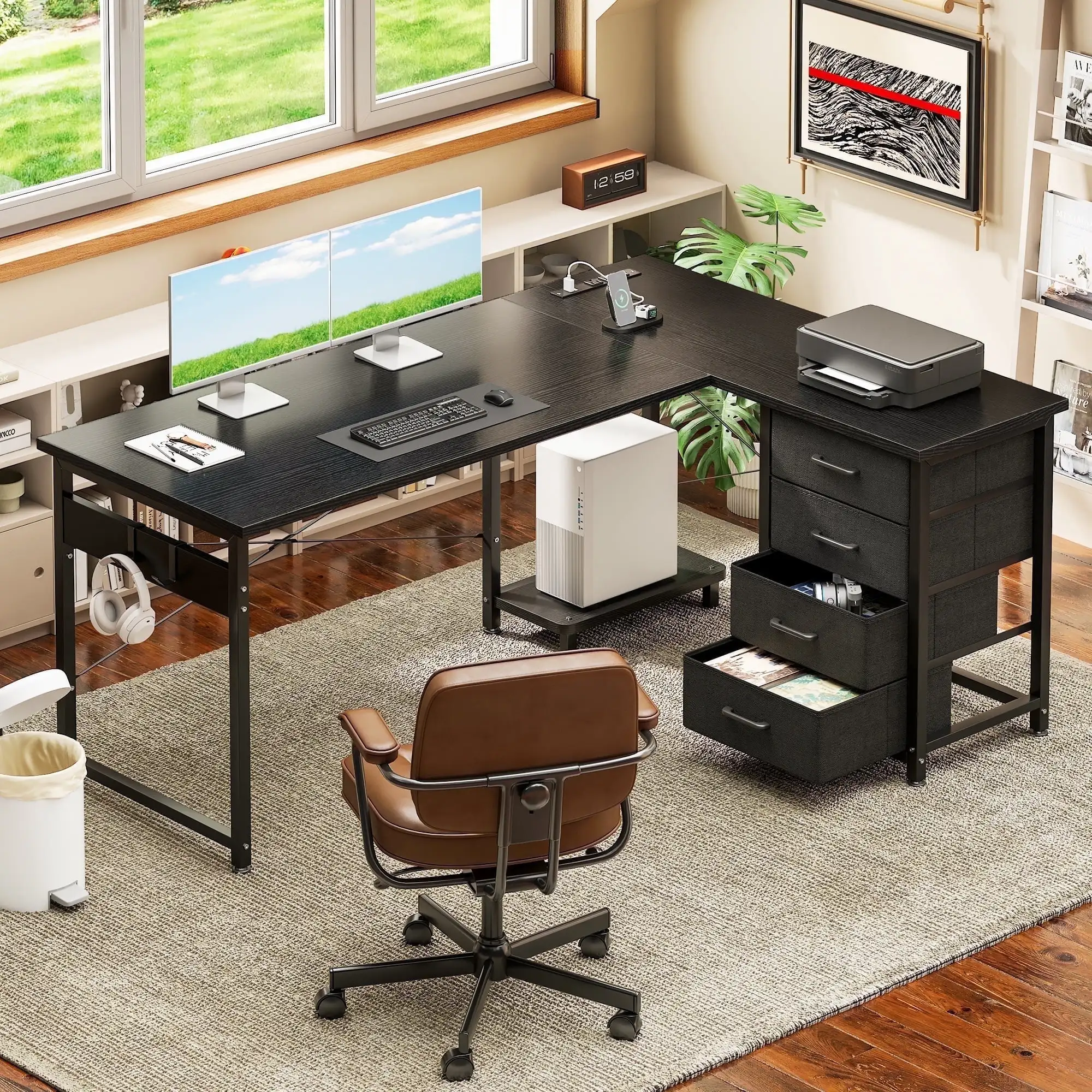 L Shaped Computer Desk with Charging Station, 53 inch PC Table Study Desk 4 Tier Drawers, Modern Simple Style Laptop Desk for Bedroom, Black