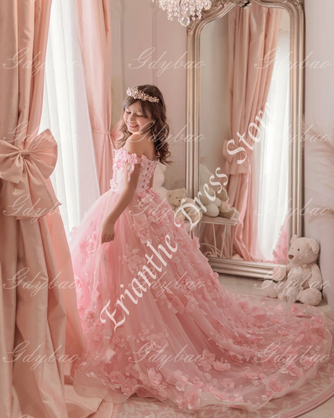 Elegant Pink 3D Flower Girl Dress For Wedding Tulle Puffy Princess Kids Birrthday Party First Communion Ball Gowns Customized