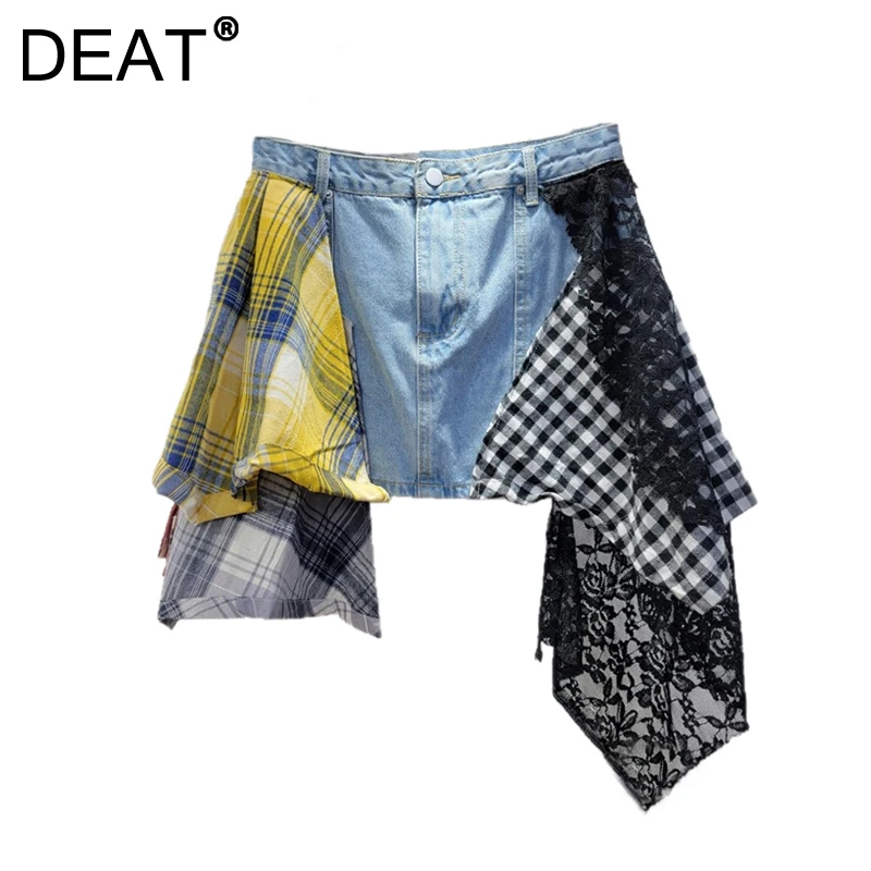 DEAT Women's Denim Skirt Patchwork Lace Irregular Plaid Contrast Color A-line Design Mini Skirts Spring 2025 New Fashion 29L9406