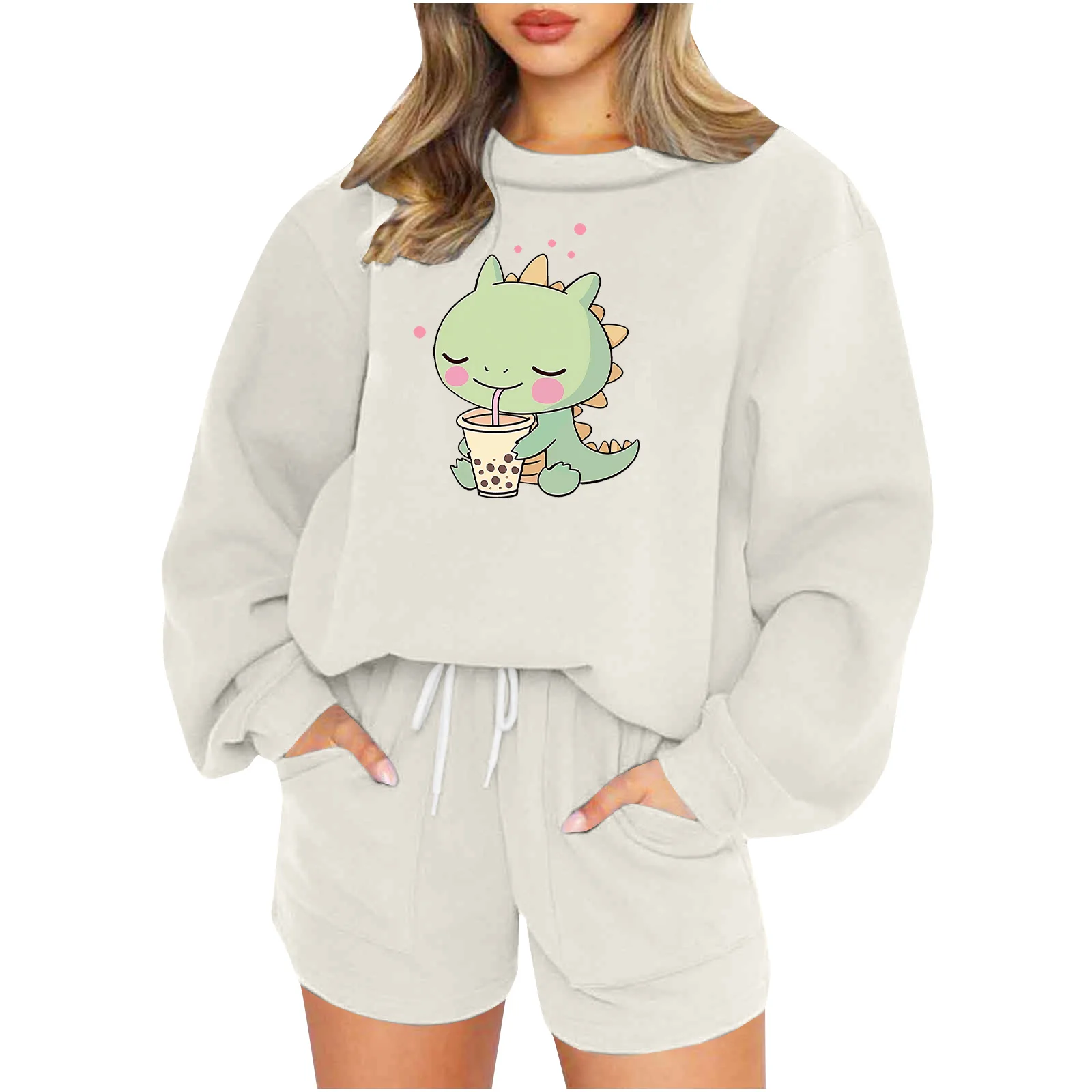 Fashion Cute Dinosaur Print Two Piece Set Women Long Sleeve Pullover Sweatshirt Drawstring Shorts 2 Piece Sets Female Autumn New