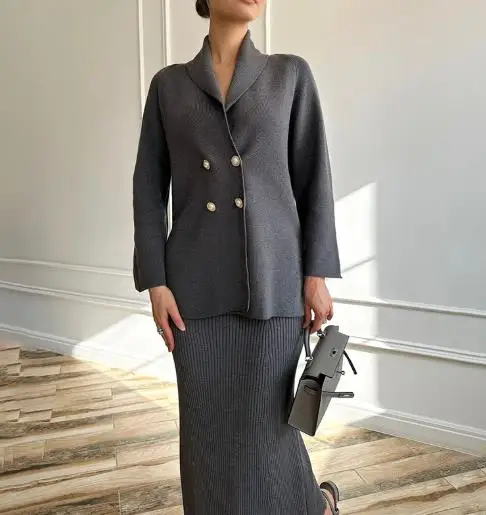 

Two Piece Set Women Outfit 2025 Spring Autumn New Solid Color Commuter Double-Breasted Long Sleeve Top & Casual Long Skirt Set