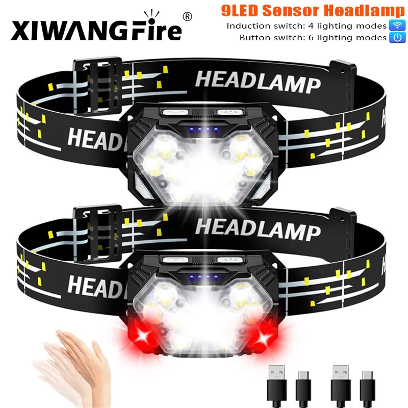 9 Led Sensor Headlamp USB Rechageable Motion Sensor Headlight 2000LM Portable Fishing Camping Outdoor Head Lamp Work Flashlight