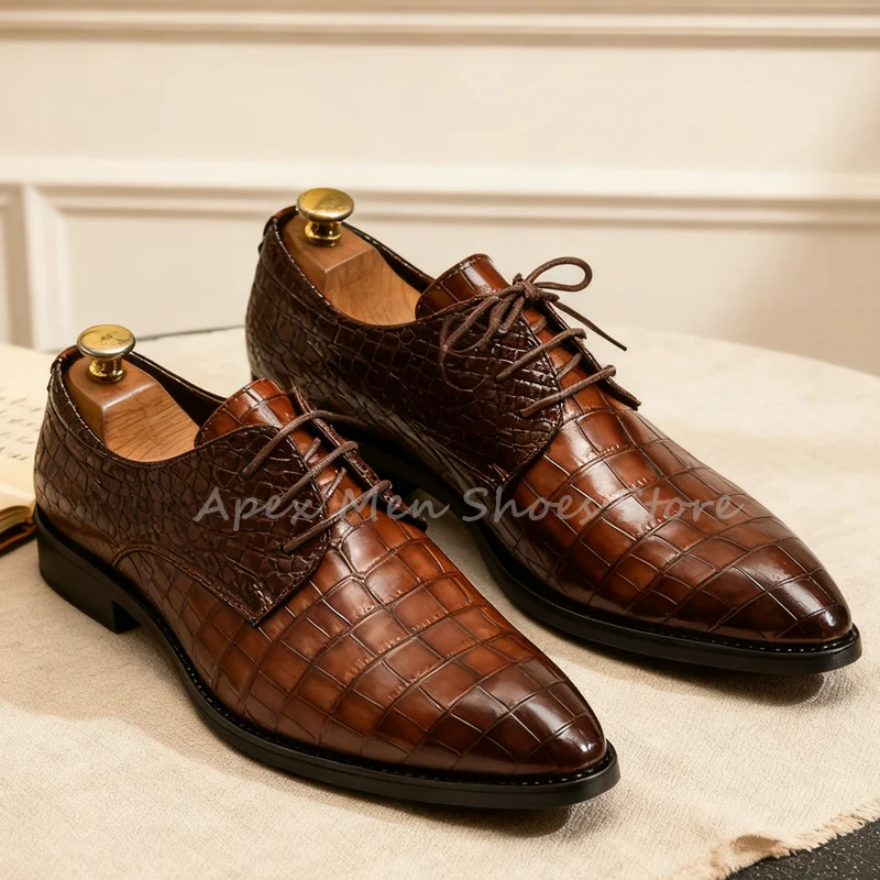 

Brown Crocodile Pattern Lace Up Brogues British Style Formal Business Casual Oxford Shoes Wedding Office Men's Dress Shoes
