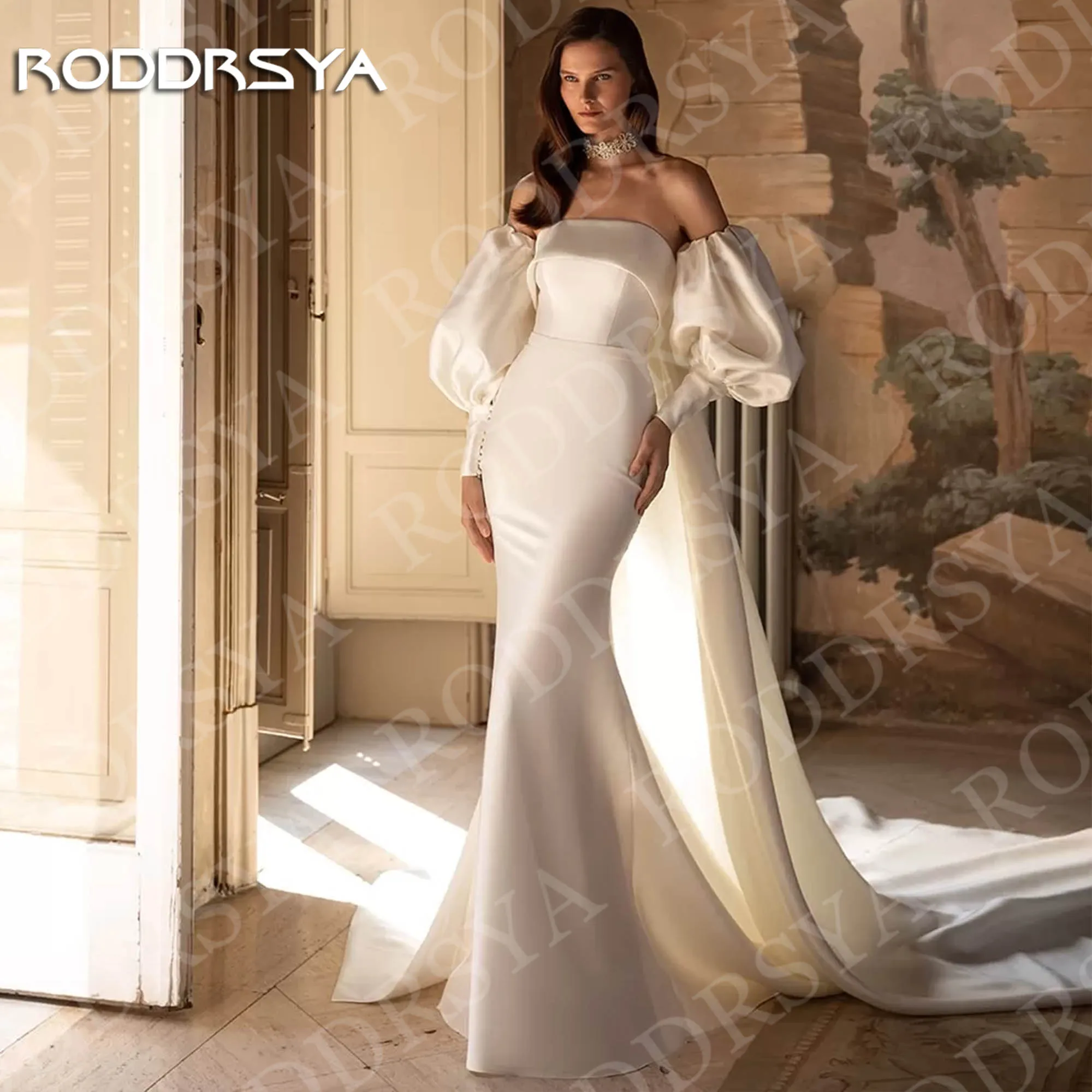 

RODDRSYA Mermaid Satin Wedding Dresses for Brides Elegant Puff Sleeve Bridal Dress Customized Detachable Train vestidos de novia