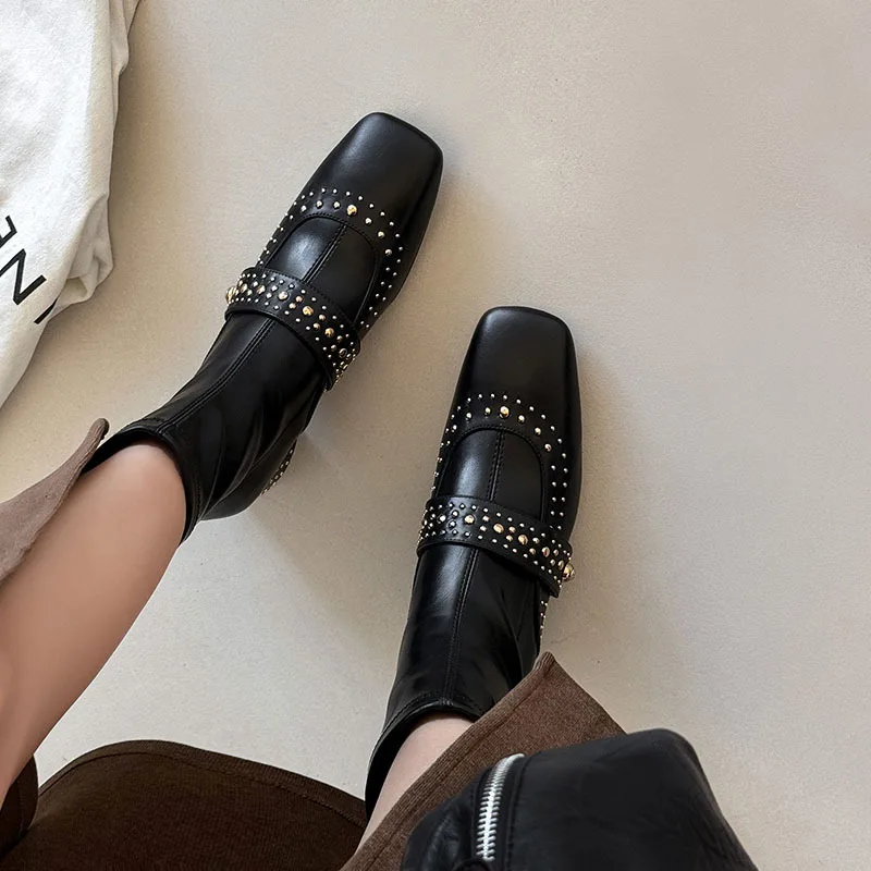 Arden Furtado Cowhide Rivet Knee high boots Square-head Back zipper Middle heel Modern boots Fashion Large size Skinny boots