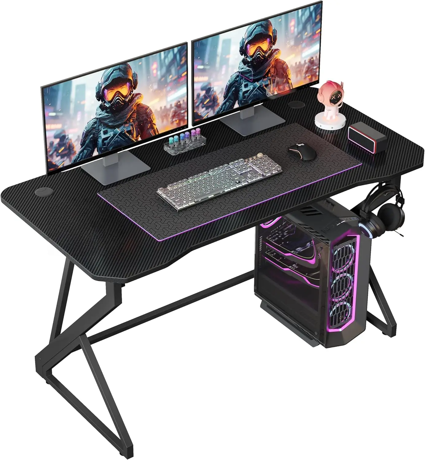 

Gaming Desk Z Shaped 47 Inch Gamer Workstation, Home Computer Carbon Fiber Surface Gaming Desk PC