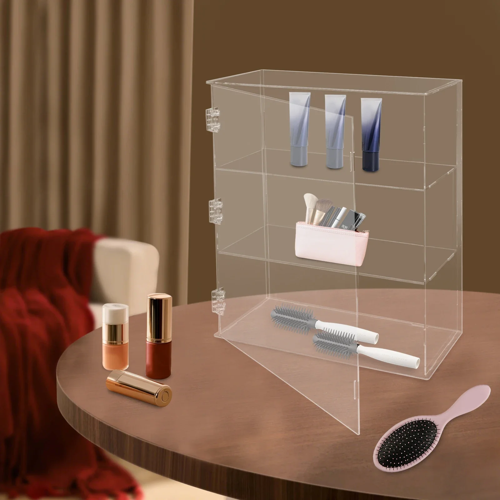 กล่องอะคริลิค 3 ชั้น 360 °   ชั้นวางอะคริลิคใสอเนกประสงค์พร้อมบานตู้สำหรับบ้าน สำนักงาน และงานแสดงสินค้า