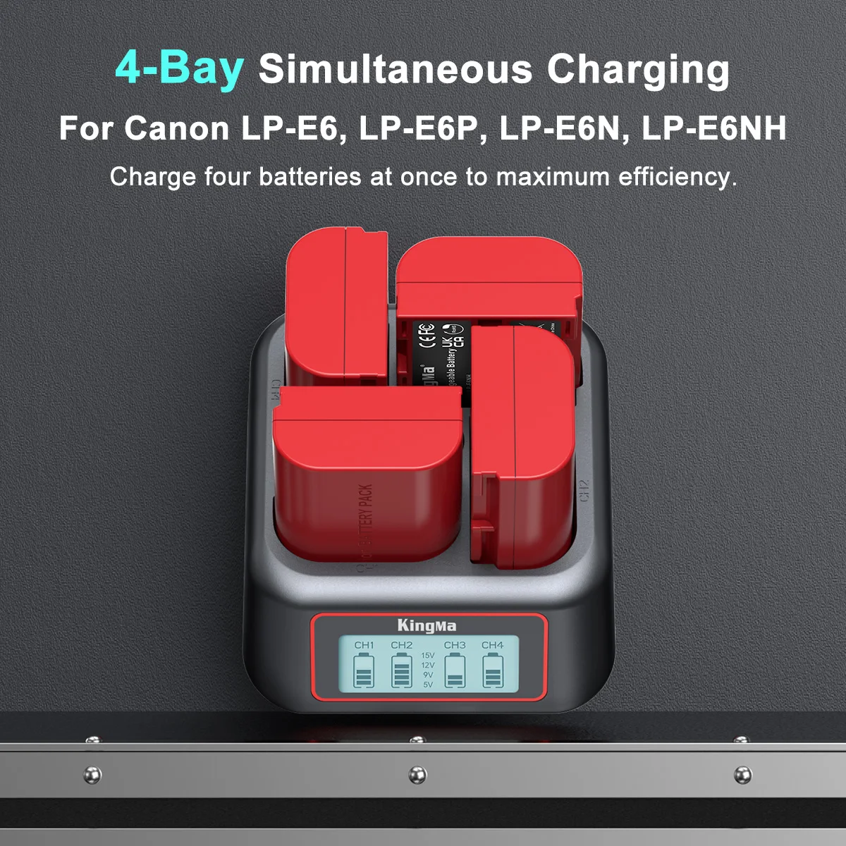 4-Slot Charger for Canon LP-E6NH Battery, with PD Fast Charge, LCD Indicator,for R5,R5C,R6,R7,R5II,5D 6D 7D Mark II III IV,