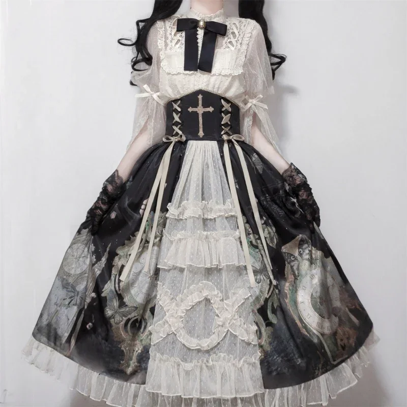 

Victorian Gothic Lolita Dress Kawaii Women Sweet Lace Sleeve Blouses Butterfly Print Princess Skirt Vintage Elegance Lolita Sets