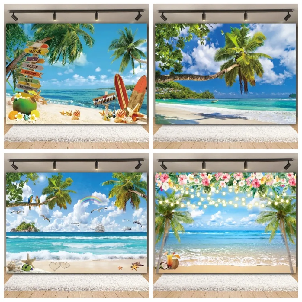 

Tropical Beach Ocean Photography Backdrop Summer Seaside Palm Tree Nature Scenery Baby Birthday Holiday Party Photo Background