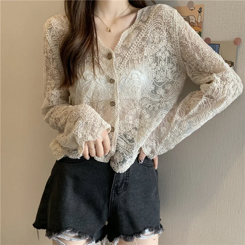 Vintage Summer Lace Blouses Women See Through Sheer Long Sleeve Sun Shirts Korean Style Casual Sun Protection Sexy Ladies Tops