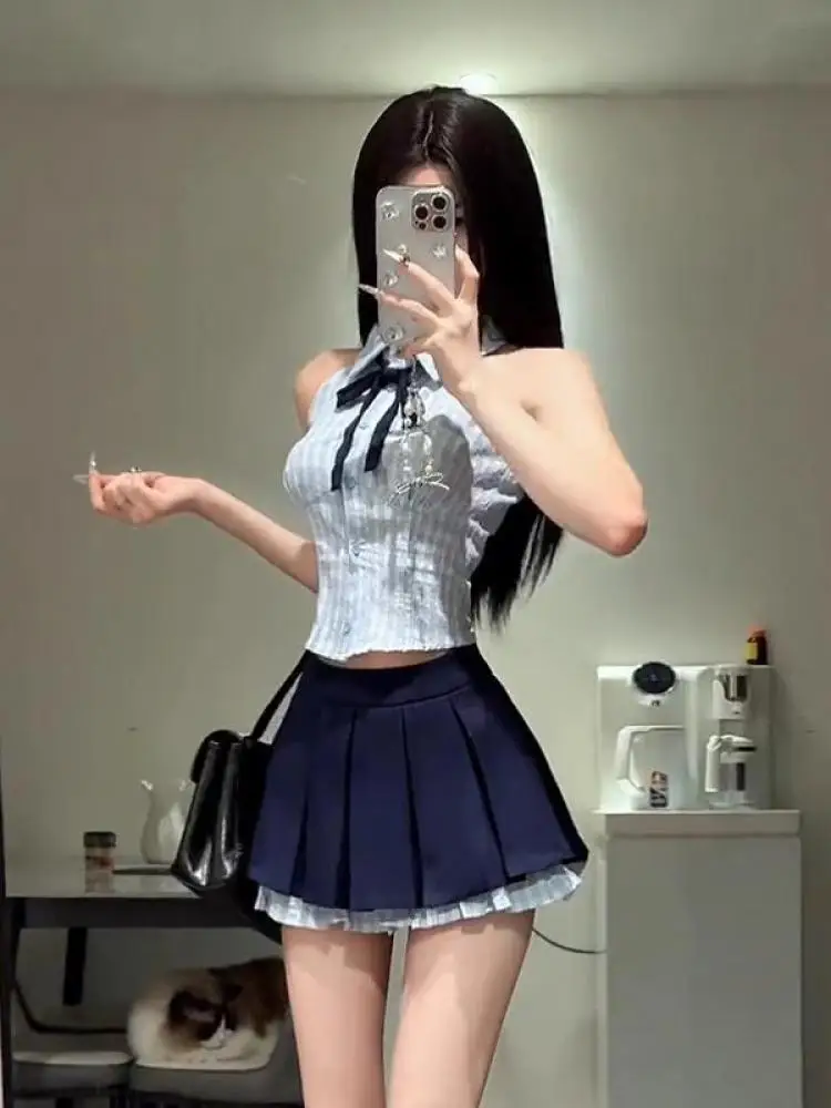 الصيف النساء نمط Preppy قطعتين مجموعة الأزرق زر مثير أكمام القوس قميص أعلى عالية الخصر المرقعة مطوي تنورة قصيرة جديد