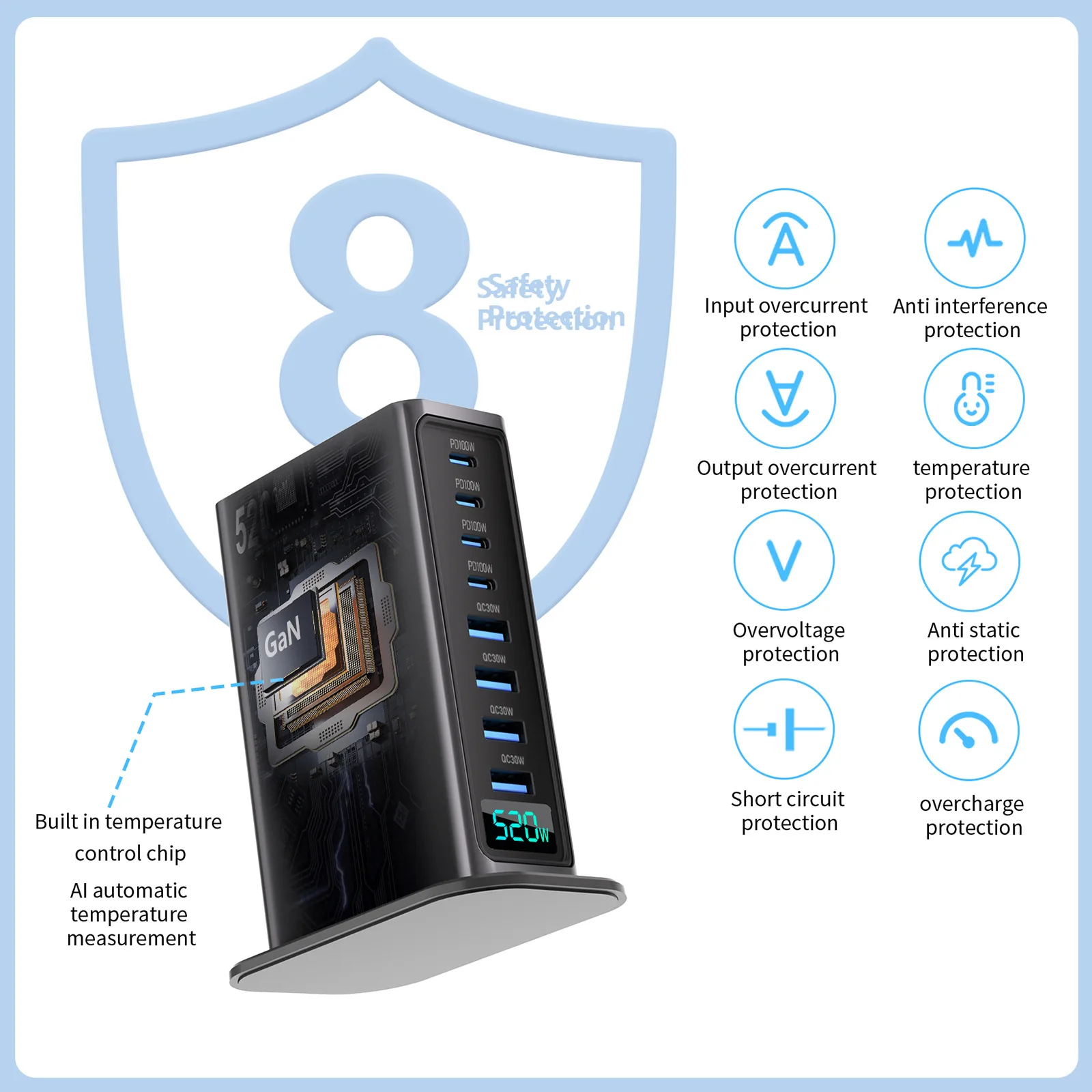 520W Fast Charge 3.0 USB Type C Fast Charger Mobile 8-port 5C3A PD Charger Convenient To Carry Tablet Charger AI Digital Display - Image 4