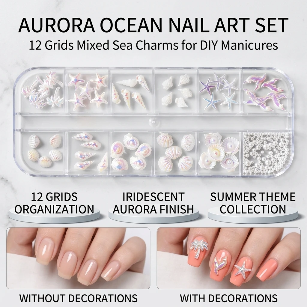 Stunning Nail Art Decor Aurora Palm Tree Shells for Summer Beach Manicure 12-Grid Mixed Resin Charms DIY Nail Accessories