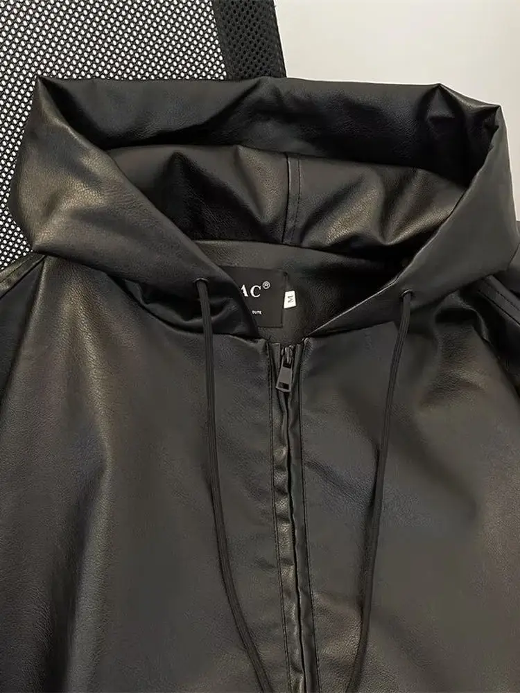 

Cleanfit American Sle ort Wide Hooded PU Leather Jaet Men's Spring Autumn Casual Loose Fit High Gloss Windproof Zipper