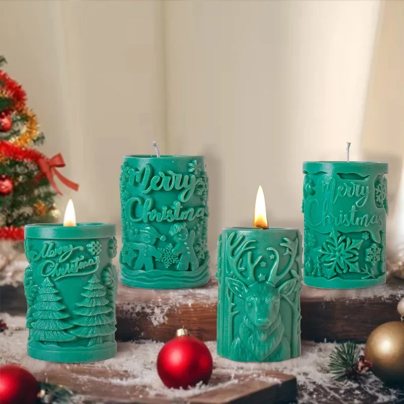 Molde de silicona de cilindro de alivio de alce de árbol de Navidad 3D, letras de Feliz Navidad, moldes de vela de cilindro de copo de nieve, regalo de Navidad