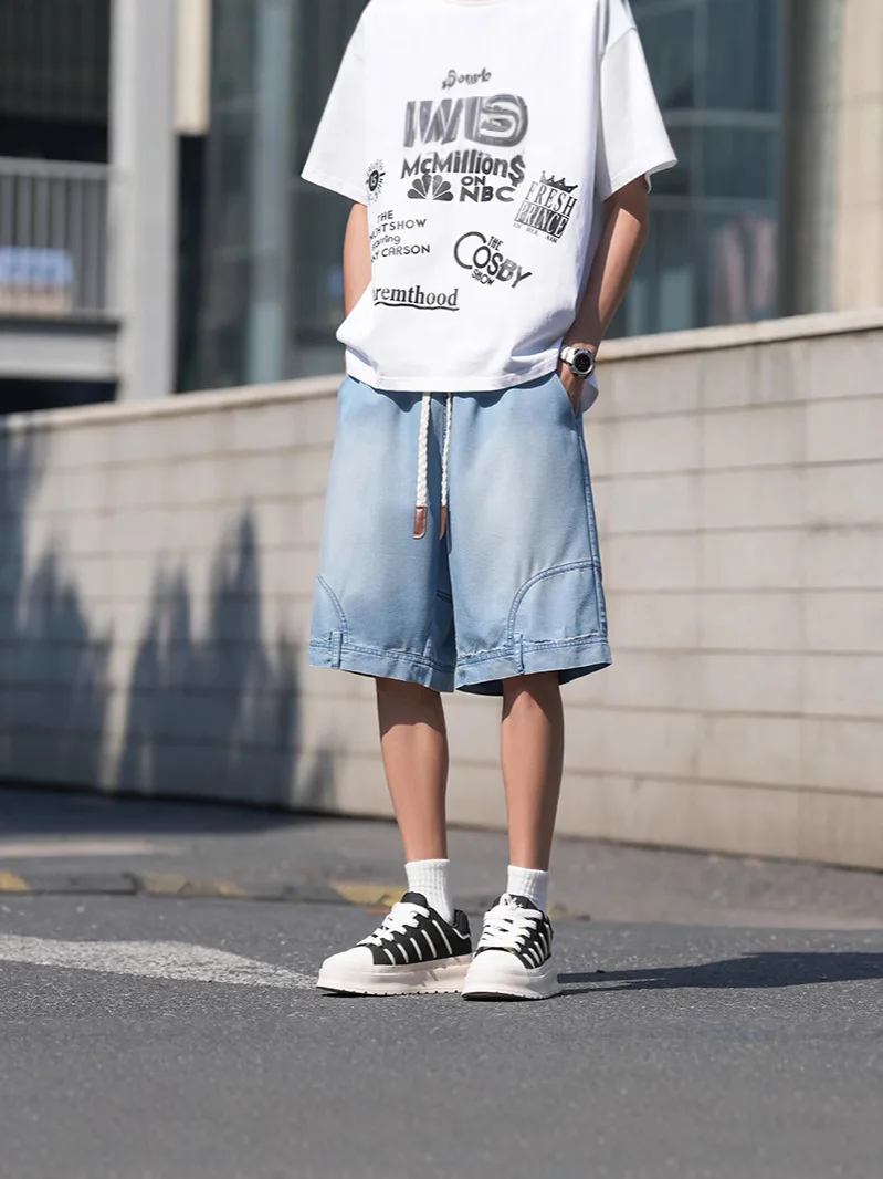 Shorts jeans masculinos de tamanho extra grande, tamanho grande, cintura elástica, comprimento do joelho, verão, shorts soltos, plus size 8xl 7xl 6xl