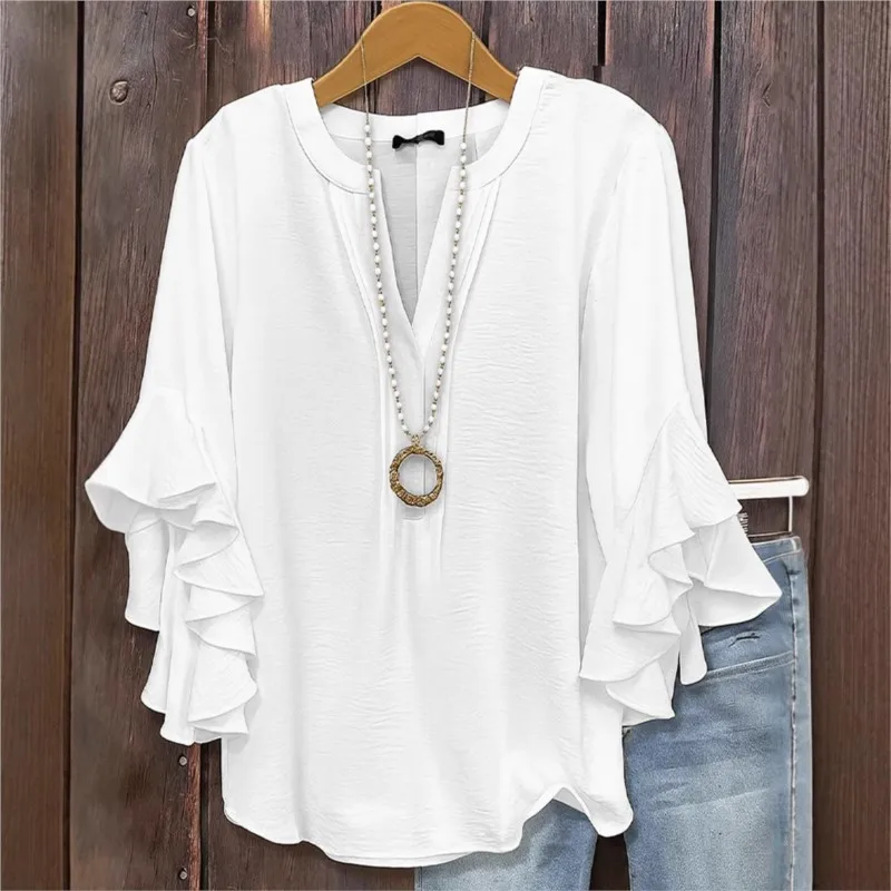

Fashion Casual Loose Shirt Blouse for Women Chiffon V Neck Ruffled edge Leafthree-quarters Sleeve Shirt Solid Color Elegant Top