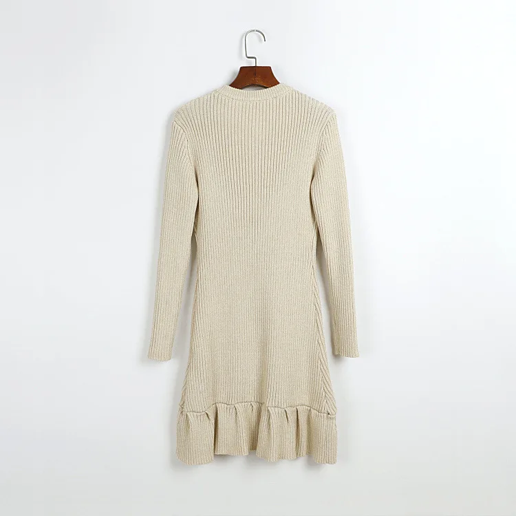 2026 Lente/Herfst Elegante O-hals Gebreide Jurk Vrouwen Single-breasted Knop Verstoorde Gouddraad Detail Lange Mouwen Midi Jurk