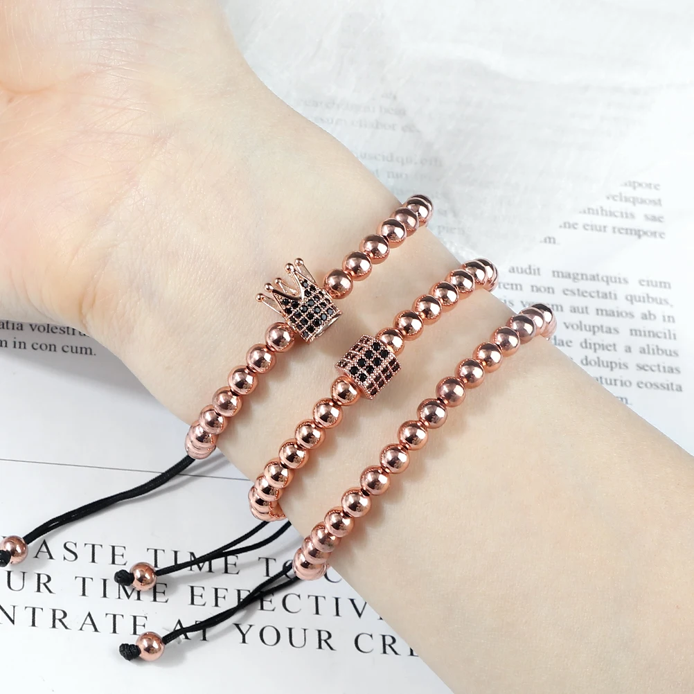 3Pcs/Set Copper Bead Bracelet Women Men Crown Pendant Couple Bangles Chain Friendship Pulsera Jewelry Gift