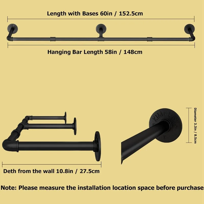 Imagem -02 - Wall Mounted Pipe Industrial Vestuário Rack Space Saver Pendurado Roupas Rack 60 Pack