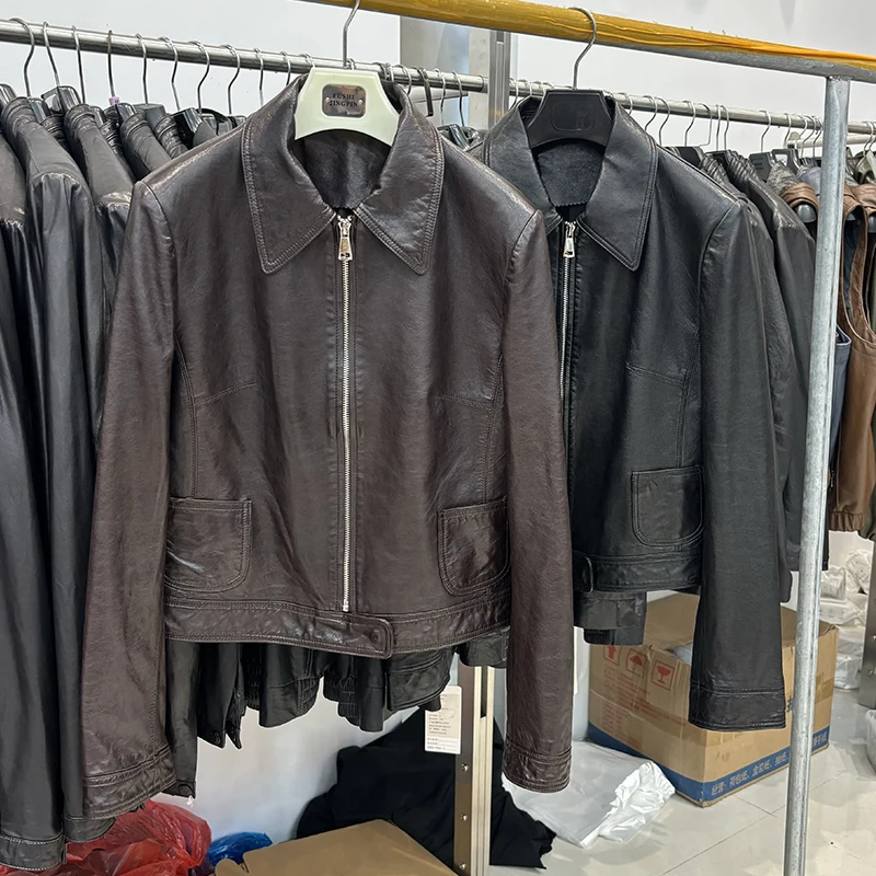Women Spring Black Genuine Sheepskin Leather Jacket Coat Girl's Autumn Short Moto Biker Real Leather Overcoat