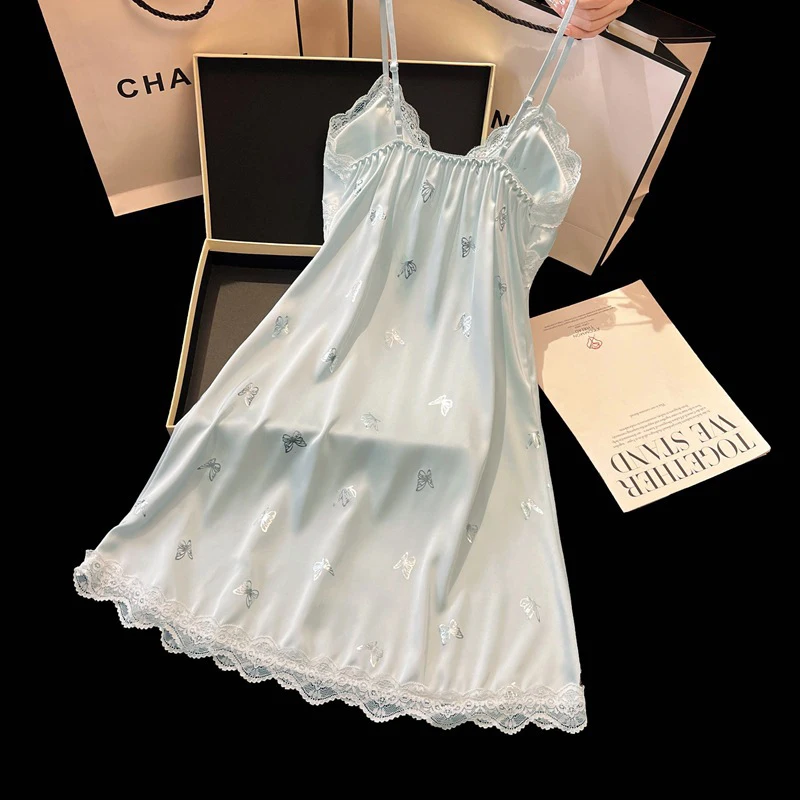 Ice Silk Sleeveless Nightgown Women's Summer Sexy Pure Desire Lace Trim High-End Feel Strap Sleep Dress Home Clothes