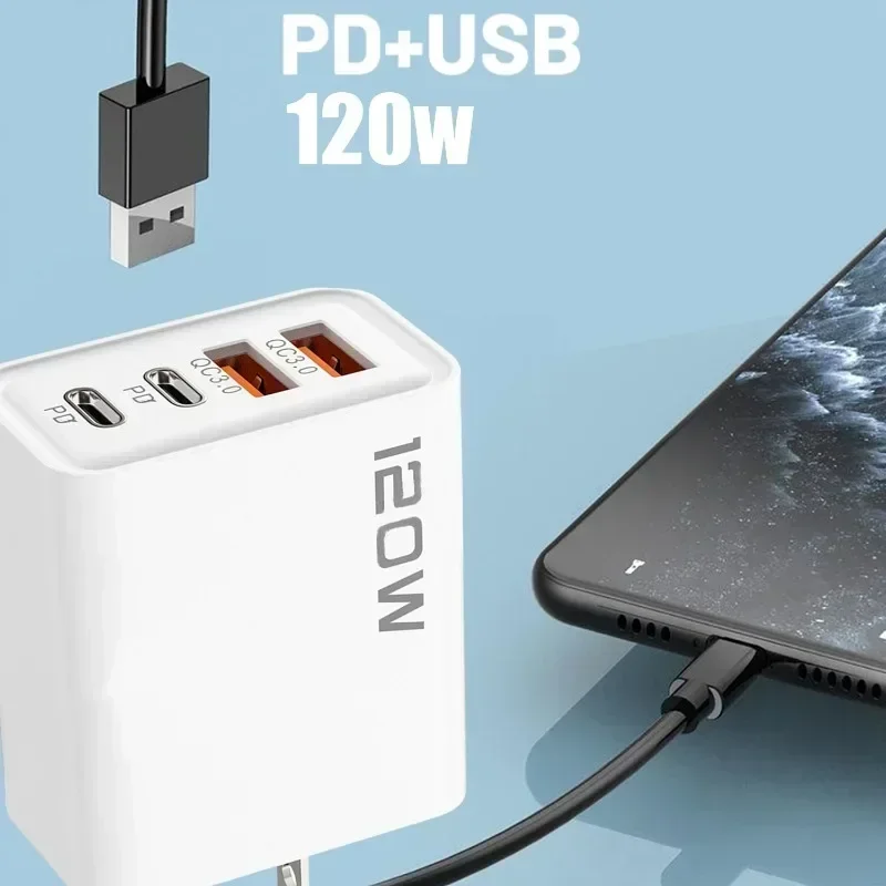 On Sale 120W 4 Port USB Type C Charger Fast Charging Data Cable USB Phone Charger Adapter For Samsung iPhone Huawei Wall Charger